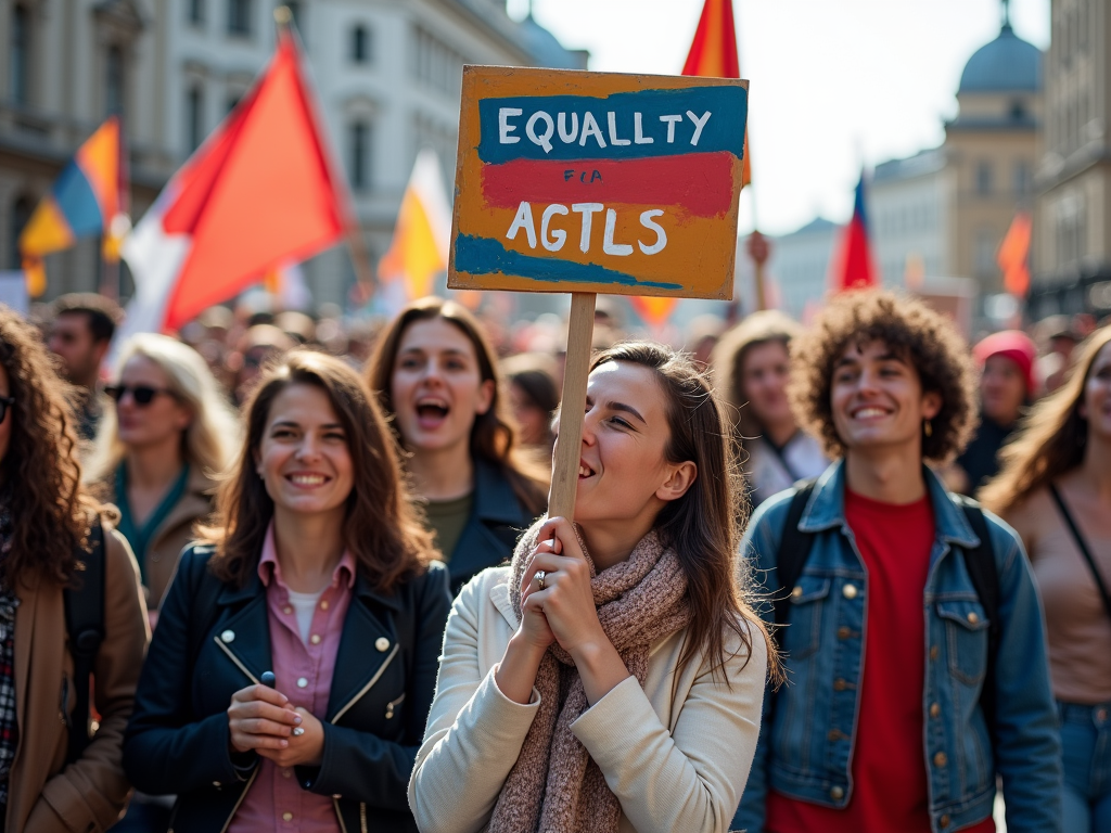 Молодые люди на митинге за равенство, одна держит плакат "Equality for AGTLS".