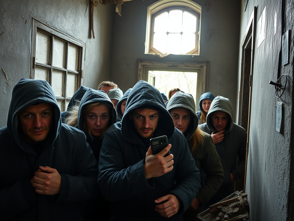 Группа людей в капюшонах стоит в коридоре. Один из них держит телефон, остальные выглядят обеспокоенными.